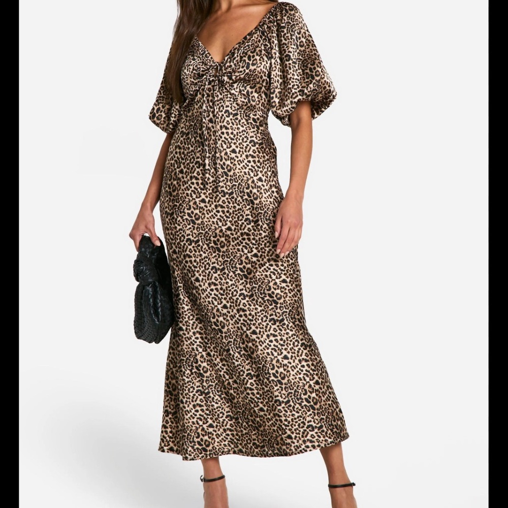 Boohoo Leopard Print Buff Sleeve Maxi Dress